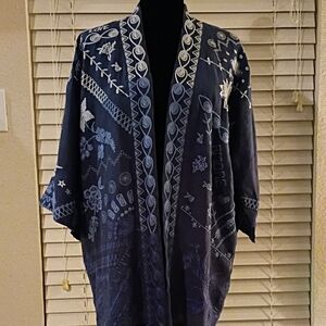 Johnny Was Navy Blue SMALL Embroidered Kimono with Light Blue/Gray Accents